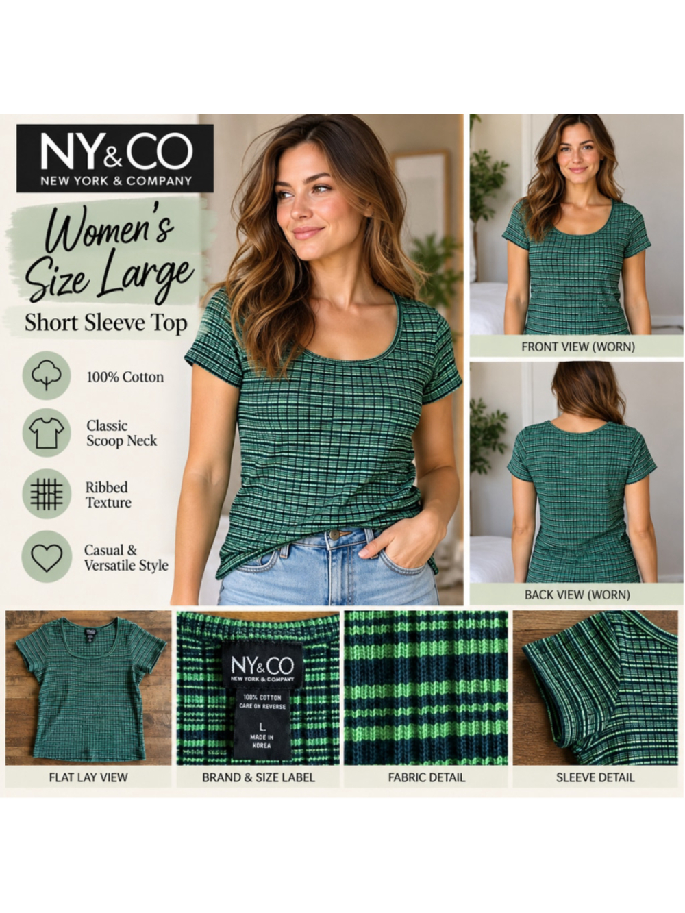 Y2K NY&CO Women’s Large Green Black Plaid Ribbed Scoop Neck Baby Tee 100% Cotton